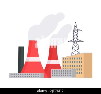 Thermal power industrial station. Manufacture building, pipes with smoke vector illustration Stock Vector
