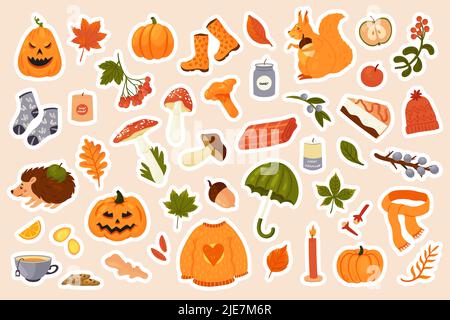 Autumn stickers pack set vector illustration. Cartoon autumn collection with fall acorn and edible mushrooms, Halloween pumpkin, orange leaf of maple oak and chestnut, cozy warm plaid hot tea isolated Stock Vector