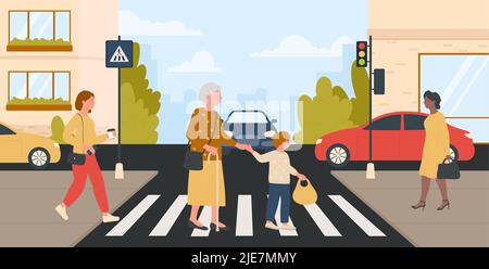 Cute little boy help elderly grandfather crossing street at the pedestrian  traffic 13432910 Vector Art at Vecteezy