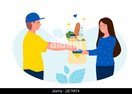 Volunteer giving paper bag with food and heart in yellow blue national colors of Ukrainian flag to woman. Charity support for citizens of Ukraine flat vector illustration. Donation, help concept Stock Vector