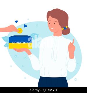 Woman showing support and assistance flat vector illustration. Charity campaign for Ukraine concept. Volunteer holding donation box in yellow and blue colors of Ukrainian flag to donate hearts. Stock Vector