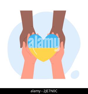 Hands holding heart with Ukrainian flag together. Volunteers giving support, assistance and care in military conflict for army and citizens of Ukraine flat vector illustration. Charity concept Stock Vector