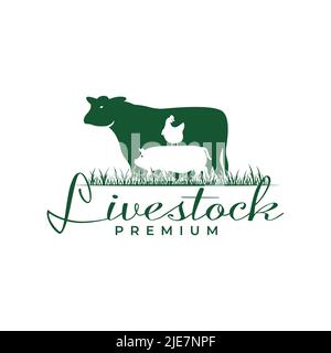 Farm animal, cow, chicken and pig logo inspiration Flat design. Vintage western farm vector illustration concept Stock Vector