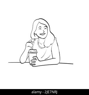 smiling woman holding takeaway iced coffee on table illustration vector hand drawn isolated on white background line art. Stock Vector