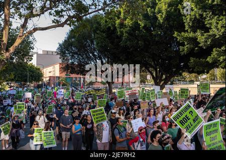 Los Angeles, California, USA. 24th June, 2022. Hundreds of abortion-rights protesters march through Downtown Los Angeles after Roe v. Wade ruling. (Credit Image: © Raquel Natalicchio/ZUMA Press Wire) Stock Photo