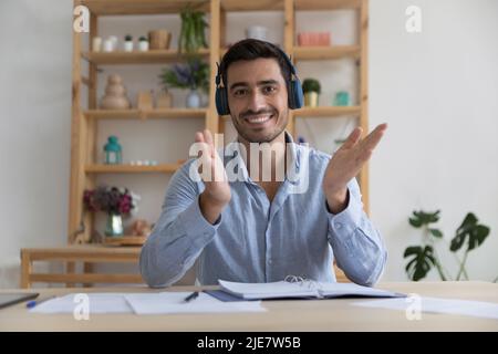 Businessman take part in virtual business meeting using video call Stock Photo