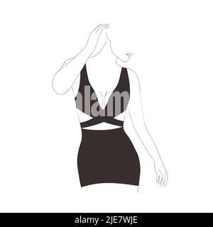 Linear female figure. Elegant faceless lady in black top and skirt. Graceful woman silhouette. Minimalistic hand drawn vector illustration. Trendy Stock Vector