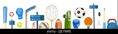 Sports equipment for athletes. Horizontal bottom seamless border. Isolated on white background. Set of tools.. Colorful Illustration. Vector. Stock Vector