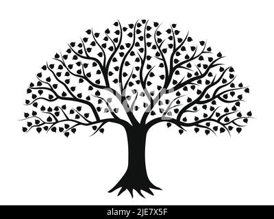 The Bodhi tree silhouette icon template. Enlightenment of Buddha. Tree of life concept  rays round shape design, vector isolated on white background Stock Vector