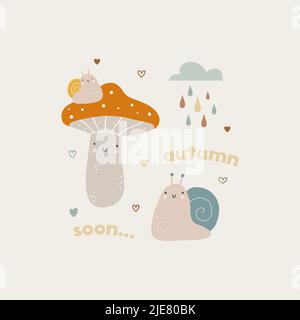 Cartoon mushroom and snails character vector illustration. Cute cartoon print with lettering - autumn soon. Vector hand-drawn color children's Stock Vector