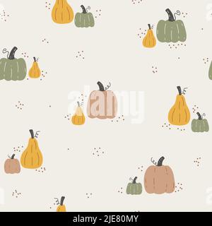 Seamless autumn pattern with pumpkins on white background. Endless repeatable texture of autumnal harvest. Colored hand-drawn vector illustration of Stock Vector