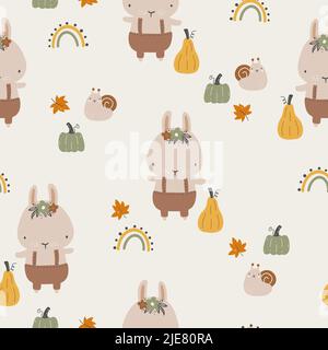 Seamless childish pattern with bunnyes, rainbow and pumpkins. Creative childish urban texture for fabric, wrapping, textile, wallpaper, clothing Stock Vector