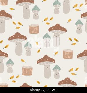 Seamless pattern with hand drawn colourful mushrooms. Autumn cute digital paper. Creative childish pattern. Vector illustration Stock Vector