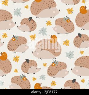 Seamless pattern with hedgehogs ann mushrooms. Creative scandinavian background. Perfect for kids apparel,fabric, textile, nursery decoration,wrapping Stock Vector