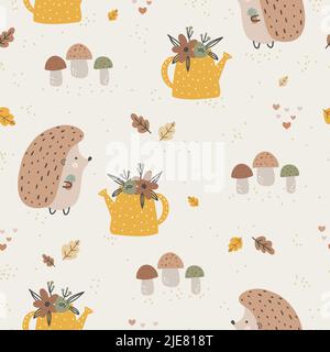 Seamless pattern with hedgehogs ann mushrooms. Creative scandinavian background. Perfect for kids apparel,fabric, textile, nursery decoration,wrapping Stock Vector