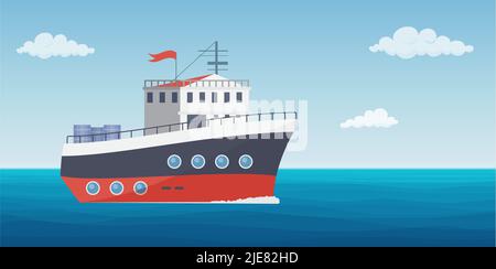 Commercial ship with containers on shipyard in sea or ocean landscape vector illustration. Cartoon transport boat sailing to port, fisherman trawler catching fish in water of harbor background Stock Vector