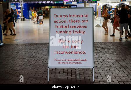 London, UK. 25th June, 2022. A sign at Waterloo station about the Network Rail train strike and the limited services from this station. Credit: Karl Black/Alamy Live News Stock Photo