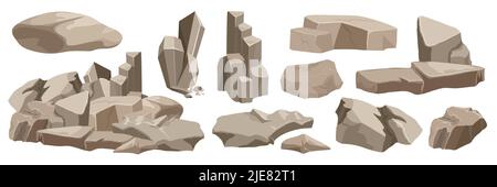 Rocks and stones set vector illustration. Cartoon piles of natural boulders, small and big granite blocks and rough materials, grey solid pebbles and gravel heap, broken cliff isolated on white Stock Vector