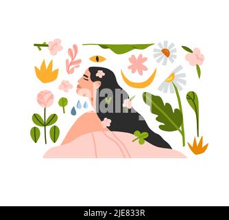Hand drawn vector abstract stock modern graphic,clip art illustration of young boho female character in nature with abstract shapes,leaves,flowers Stock Vector