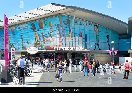 Transport 2012 Olympic Paralympic Games Lloyds TSB business sponsors advertising glass walls Stratford East End London train station Newham England UK Stock Photo