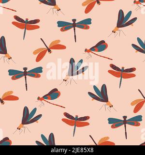 Beautiful dragonflies with colorful wings seamless pattern. Flat vector illustration Stock Vector