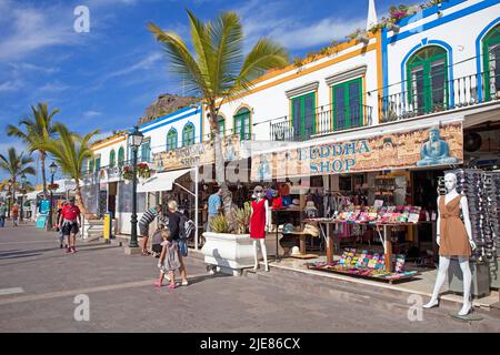 Souvenir shops at the harbour promenade, Puerto de Mogan, Gran Canaria, Canary islands, Spain, Europe Stock Photo