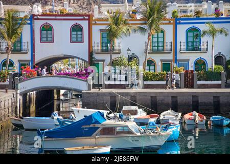 Bridge over a channel at the harbour of Puerto de Mogan, Grand Canary, Canary islands, Spain, Europe Stock Photo