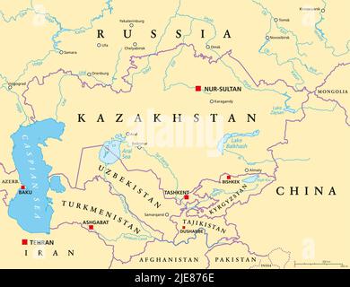 Central Asia, political map. Subregion of Asia, consisting of former Soviet republics. Stretching from Caspian Sea to China and South Russia to Iran. Stock Photo