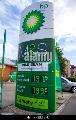 The fuel prices at a BP garage forecourt in Southend on Sea have increased to a very high price per litre. Nearly £2. Inflated unleaded and diesel gas Stock Photo