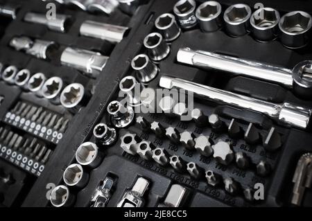 Set of chrome vanadium wrench tools on black box Stock Photo