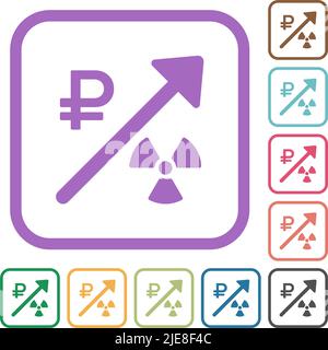 Rising nuclear energy russian Ruble prices simple icons in color rounded square frames on white background Stock Vector