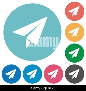 Paper plane solid flat white icons on round color backgrounds Stock Vector