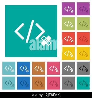 Software patch multi colored flat icons on plain square backgrounds. Included white and darker icon variations for hover or active effects. Stock Vector