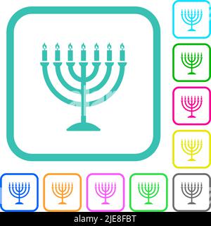Menorah with burning candles solid vivid colored flat icons in curved borders on white background Stock Vector