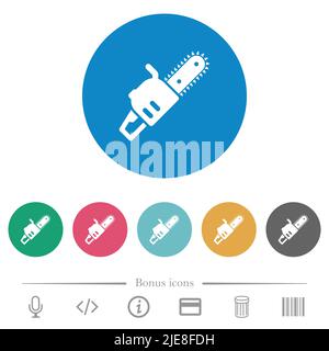 Chainsaw flat white icons on round color backgrounds. 6 bonus icons included. Stock Vector
