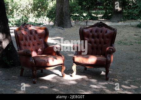 Old vintage brown leather sofa abandoned in a park Stock Photo
