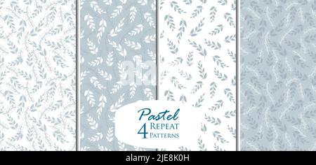 Vector set of 4 pastel grey seamless repeat patterns. Hand drawn branches silhouette patterns backgrounds. Great for wedding themes, packaging project Stock Vector