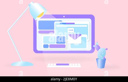 Work place with computer screen with web windows. 3d vector illustration. Office desk, computer, cactus, keyboard, lamp. Online search. Stock Vector