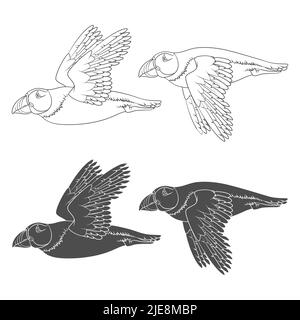Set of black and white illustrations with flying puffin bird. Isolated vector objects on a white background. Stock Vector