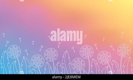 Blurry watercolor wallpaper with dandelion blowing flowers on rainbow background Stock Vector
