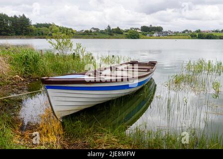 Rowing boat moored up at a lake Stock Photo