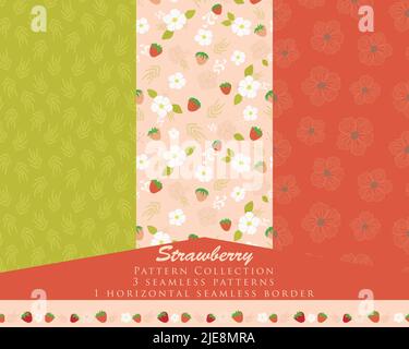 Vector set of strawberries collection 3 seamless repeat patterns. + 1 seamless horizontal border Stock Vector