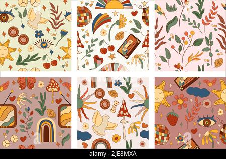 Retro Positive seamless patterns 70s, with colorful rainbows, leaves and flowers, dove, sun and other groovy elements. Patterns in vintage hippy style. Vector illustration. Stock Vector