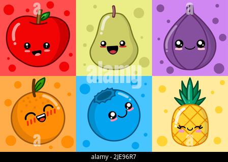Cute kawaii fruits vector set Stock Vector