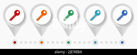 Key concept vector icons, editable infographic template, set of colorful flat design pointers Stock Vector