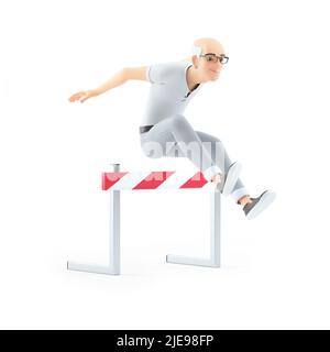 3d senior man jumping over hurdle, illustration isolated on white background Stock Photo