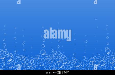 Underwater bubbles of fizzing soda. Streams of air. Realistic oxygen pop in effervescent drink. Vector sparkles on blue background. Stock Vector