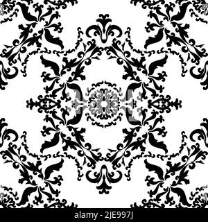 Vector vintage wallpaper in damask style. Seamless floral pattern. Black and white ornament of scrolls and flowers. Stock Vector