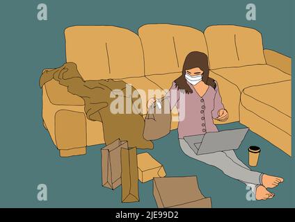 Cheerful woman using Smartphone while sitting in an elegant pose on yellow comfortable sofa. Lifestyle concept. Vector illustration Stock Vector