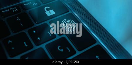 Banner of security tech concept with fingerprint on keyboard. Unlock user. Global technology. Data protection and cyber security. Stock Photo